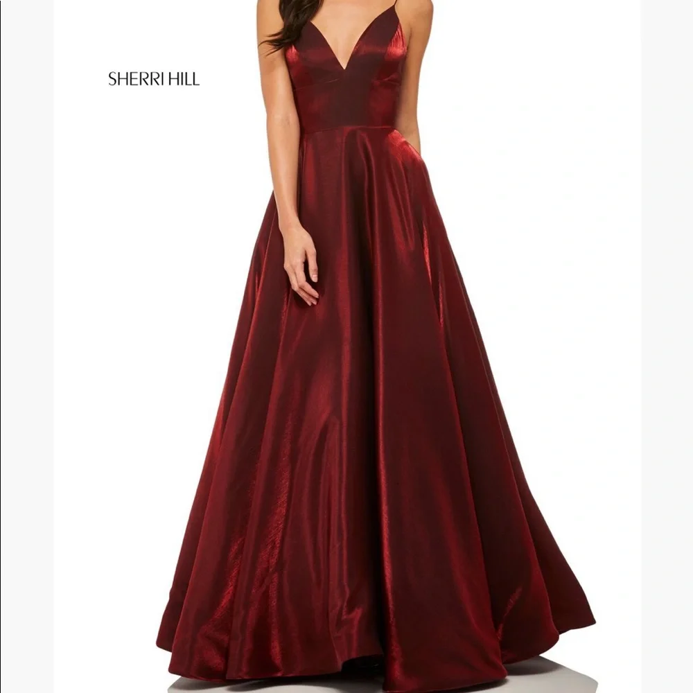 Sherri Hill satin dress V neck  spaghetti straps wine red sz 0 - Picture 4 of 13